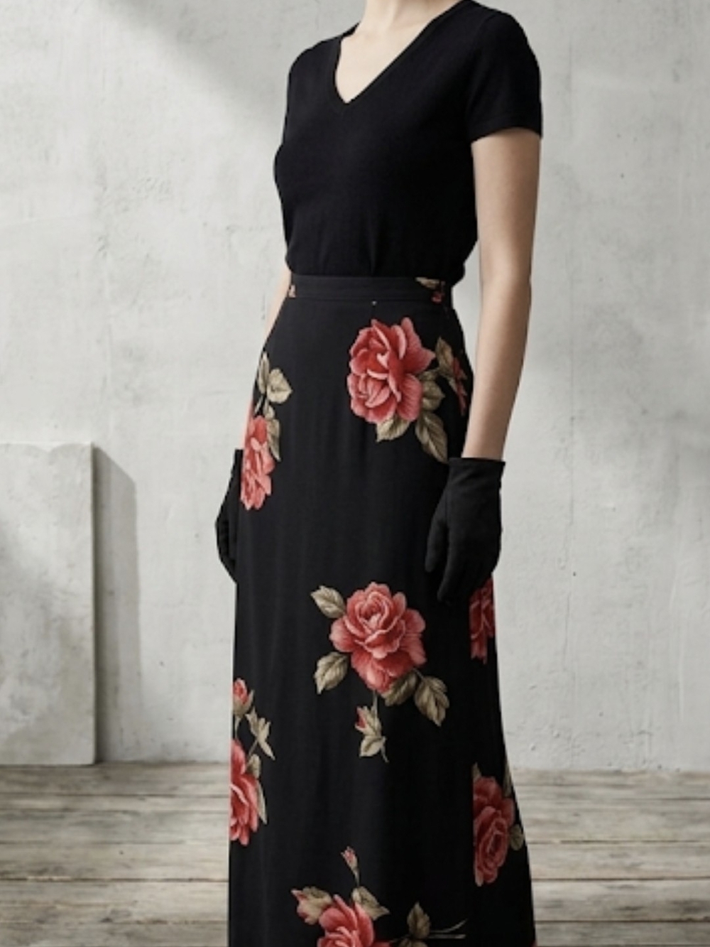 BUNDLE 3 FOR 25. NC LOVE VINTAGE 90s Bias Maxi Skirt in Black with Rose Print.